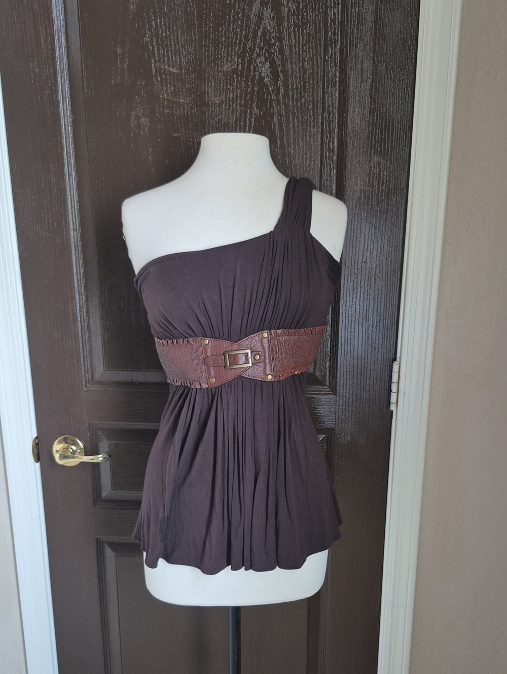 Sky One-Shoulder Chocolate Brown with Leather Corset